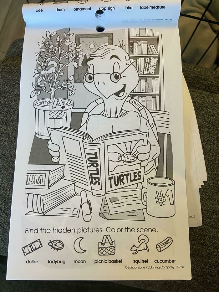 Cartoon turtle reading a book with hidden pictures, representing poorly written designed books for kids to color.