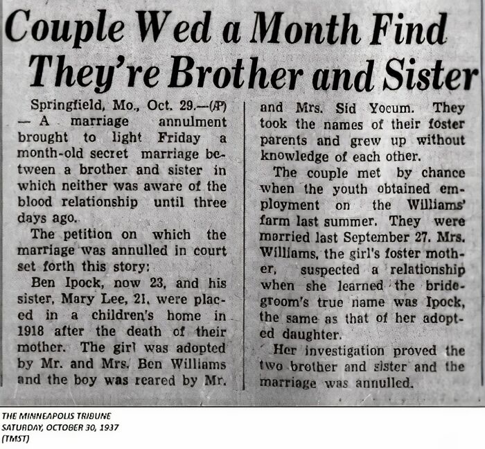 Old newspaper clipping detailing an annulled marriage between a brother and sister, unknowingly wed for a month.