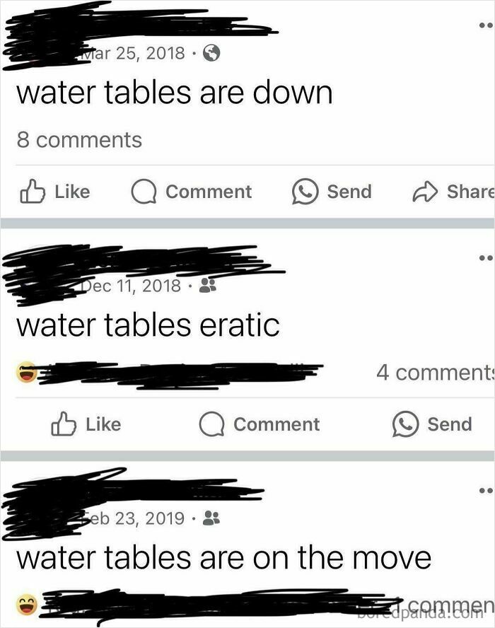 Boomers social media fails with varied humorous posts about water tables changing.