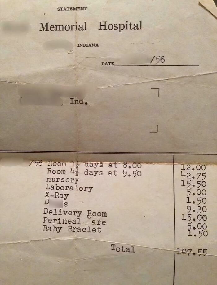Hospital bill from 1956 showing detailed charges, an interesting glimpse into past medical expenses.
