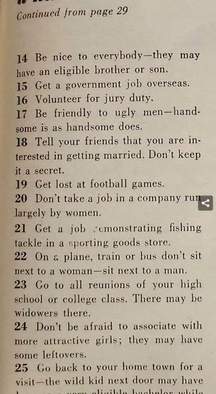 Vintage list showing interesting dating advice from the past, including tips on social interactions and job choices.