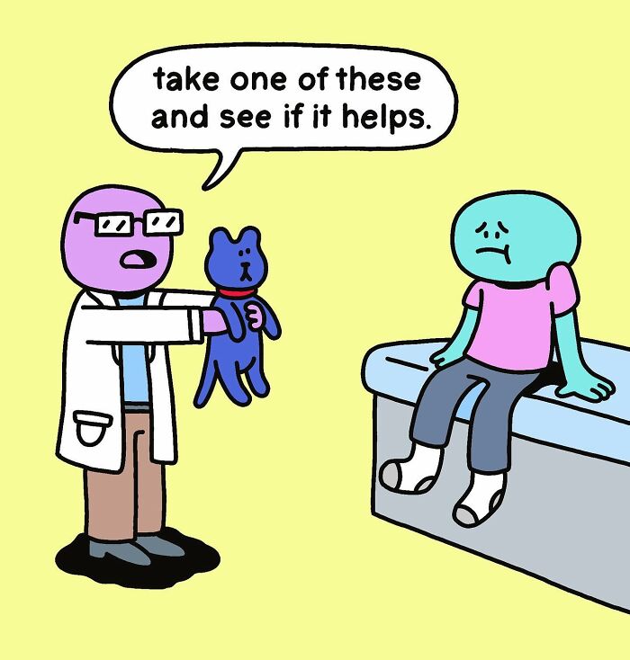 Comic by Chris Jensen showing a doctor handing a toy to a worried patient on an exam table.