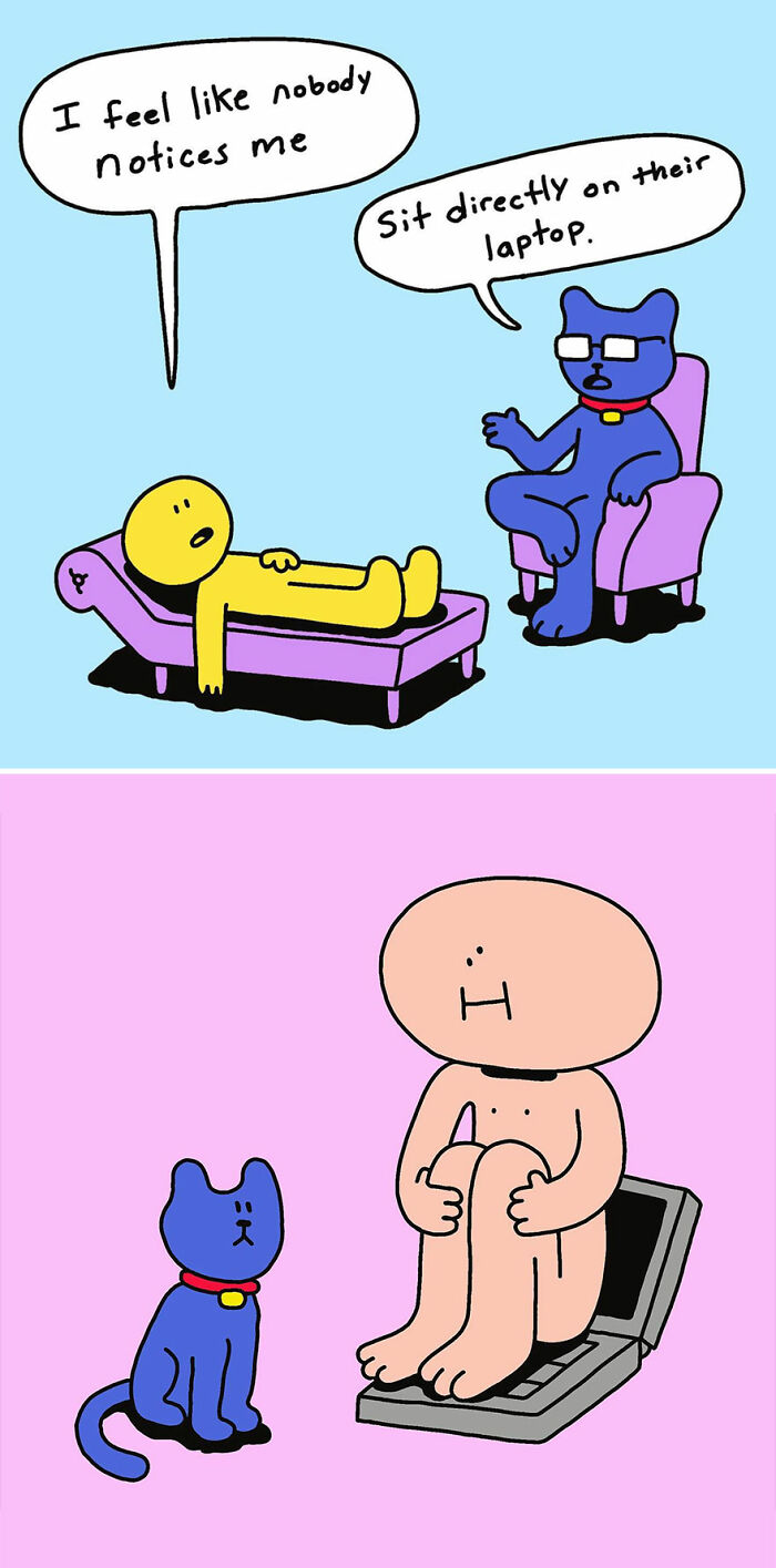 Comic by Chris Jensen showing a person seeking attention and advised humorously by a cat to sit on a laptop.