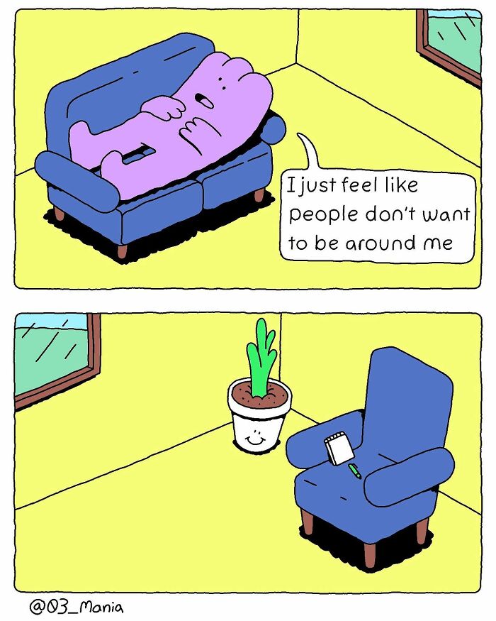 Comic by Chris Jensen depicting a person on a couch expressing loneliness to an empty chair and plant.