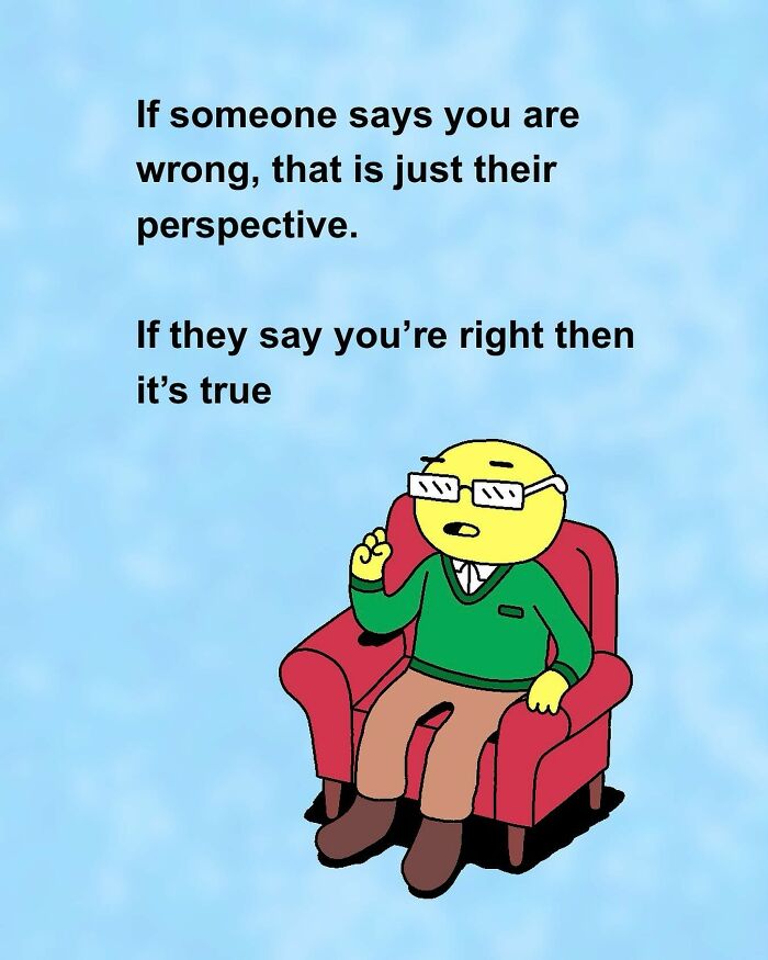 Cartoon character on a red chair humorously debates perspectives, capturing an awkward moment in Chris Jensen's comic.