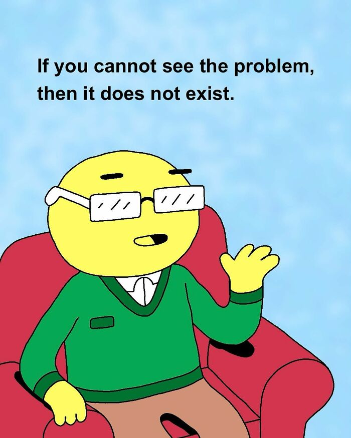 Cartoon character on a red chair with glasses and a green sweater, highlighting everyday awkward moments.