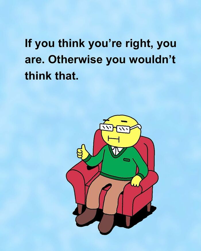 Cartoon by Chris Jensen showing a character with glasses in a red chair, giving a thumbs up, capturing everyday humor.