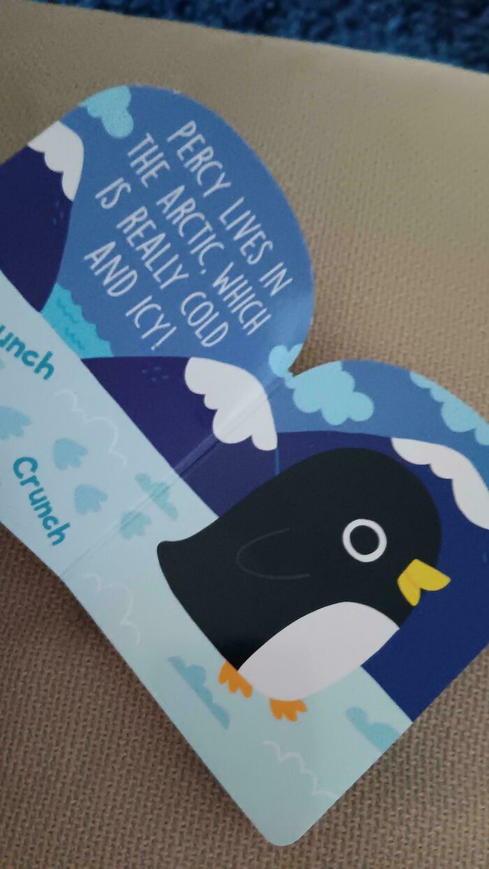 Penguin illustration in a poorly designed book about the Arctic, with text highlighting cold and icy conditions.