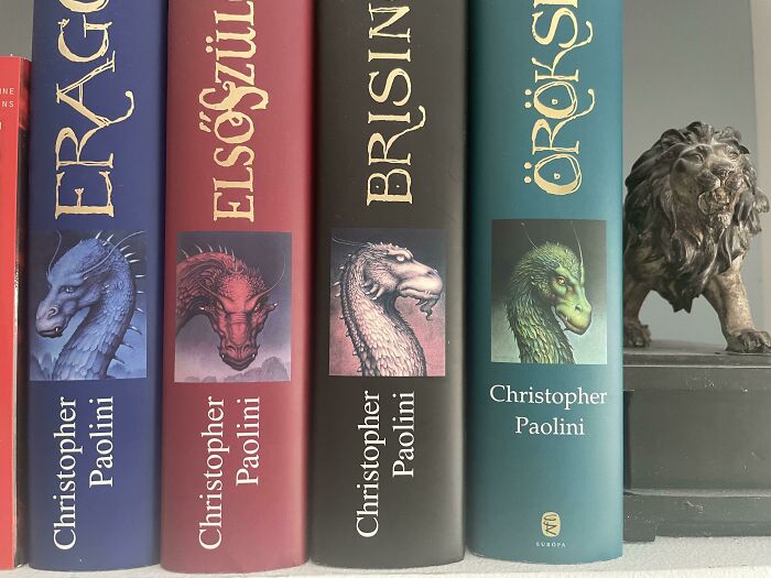 Row of fantasy books with dragon covers, illustrating poorly designed books on a shelf.