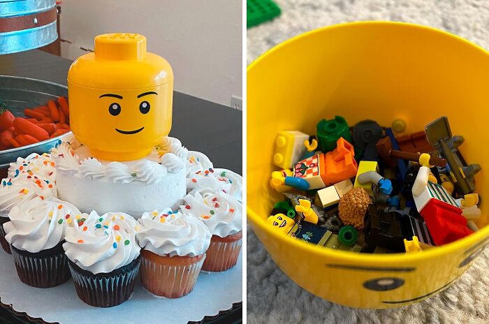 Cupcakes decorated with a LEGO head and a bowl filled with random LEGO pieces.