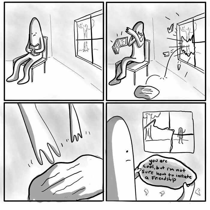 Comic by Chris Jensen showing a character awkwardly trying to start a friendship after breaking a window with a note.
