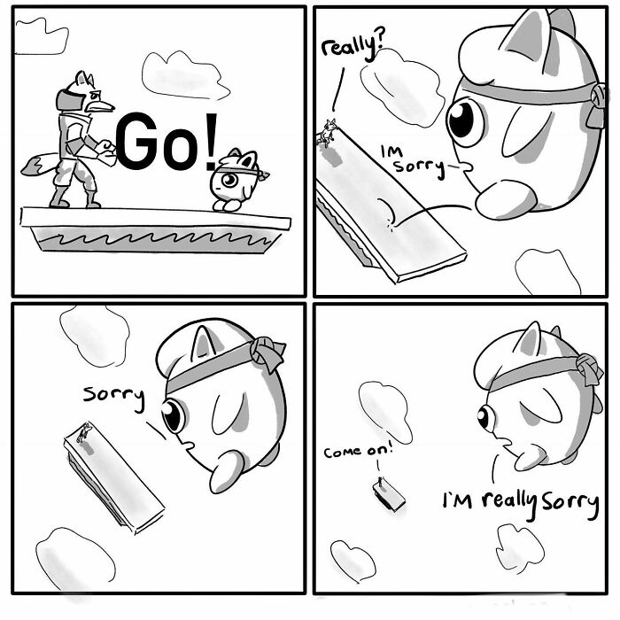 Comic by Chris Jensen featuring a character with a headband having an awkward moment on a platform.