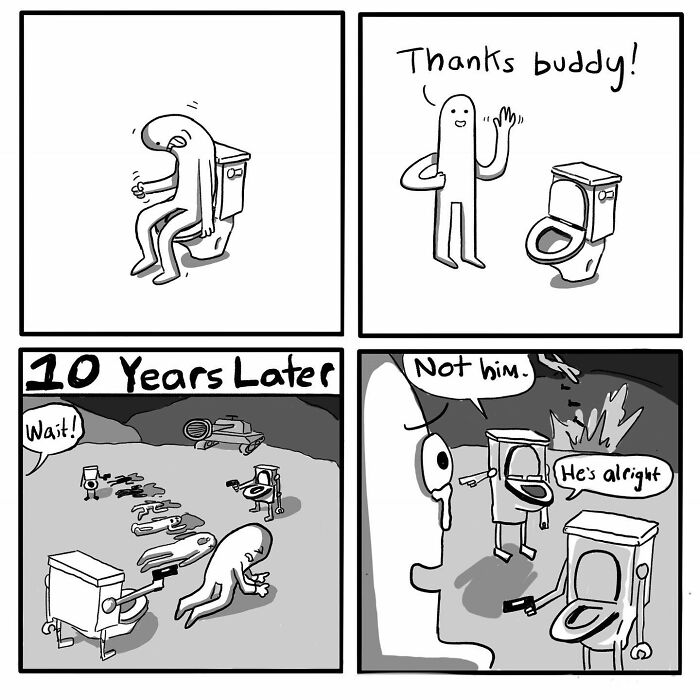Comic by Chris Jensen showing humorous interactions between an anthropomorphic toilet and other characters.