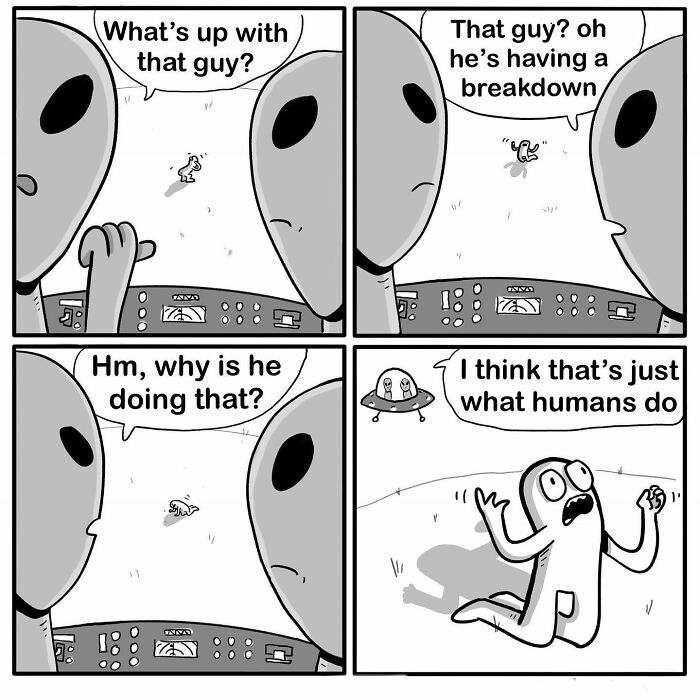 Aliens observe a human from their spaceship, humorously commenting on human behavior in a comic by Chris Jensen.