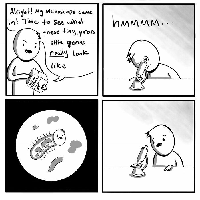Comic by Chris Jensen showing a person using a microscope to look at germs, humorously capturing an awkward moment.