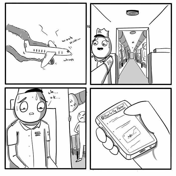 Comic by Chris Jensen depicting a humorous airplane scene with a pilot searching "how to fly plane" on a phone.