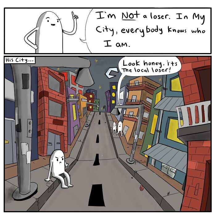 Comic by Chris Jensen showing a character claiming local fame, but is recognized as a loser by passersby.
