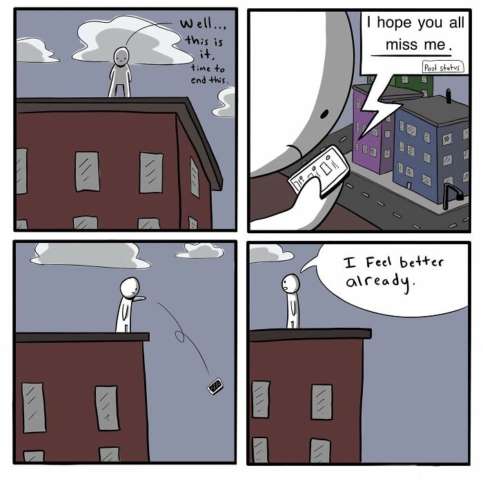 Comic by Chris Jensen showing a character posting a status from a rooftop, then feeling better after throwing their phone.