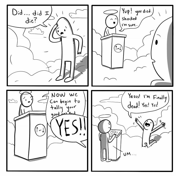 Comic by Chris Jensen depicting a humorous conversation about life and death tally.