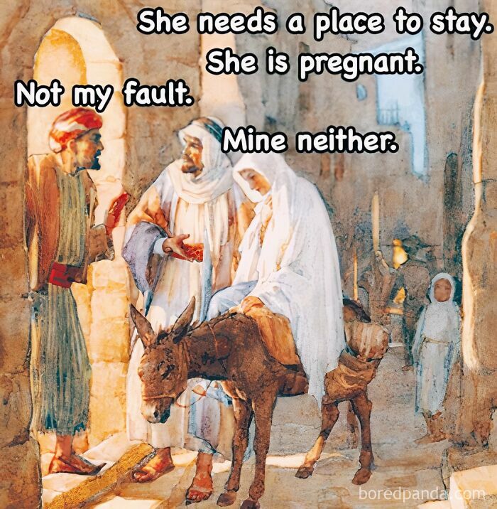 Classical art meme humorously depicts a biblical scene with text about a place to stay during pregnancy.