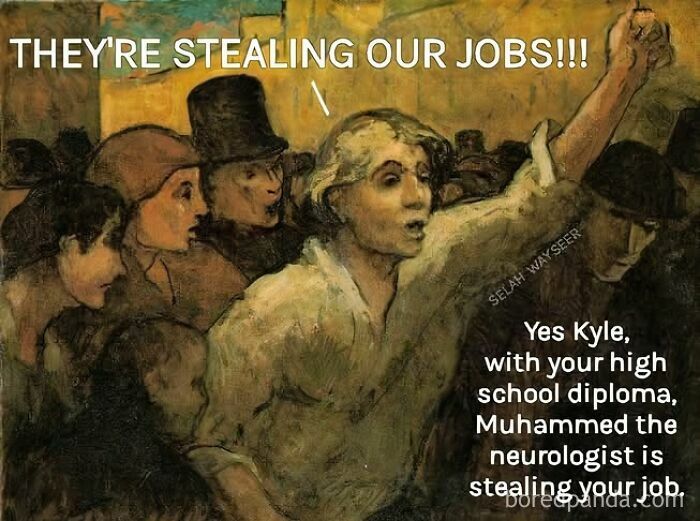 Classical art meme showing a crowd with humorous text about job security.