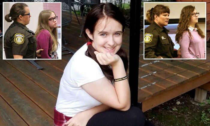Teen girl sitting on a wooden deck smiling, with inset images of young women being escorted by sheriff deputies, illustrating strange earth events.