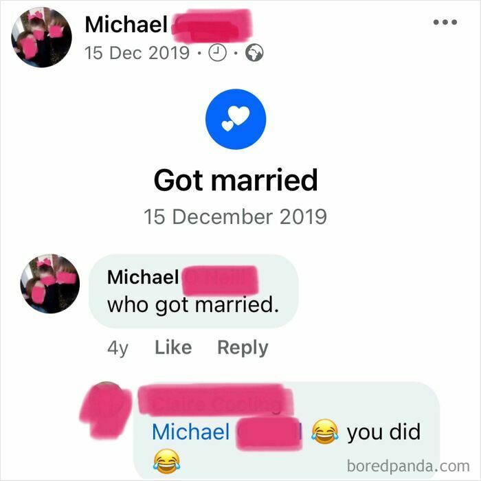 Facebook post showing boomer's social media fail with a comment misunderstanding about who got married.