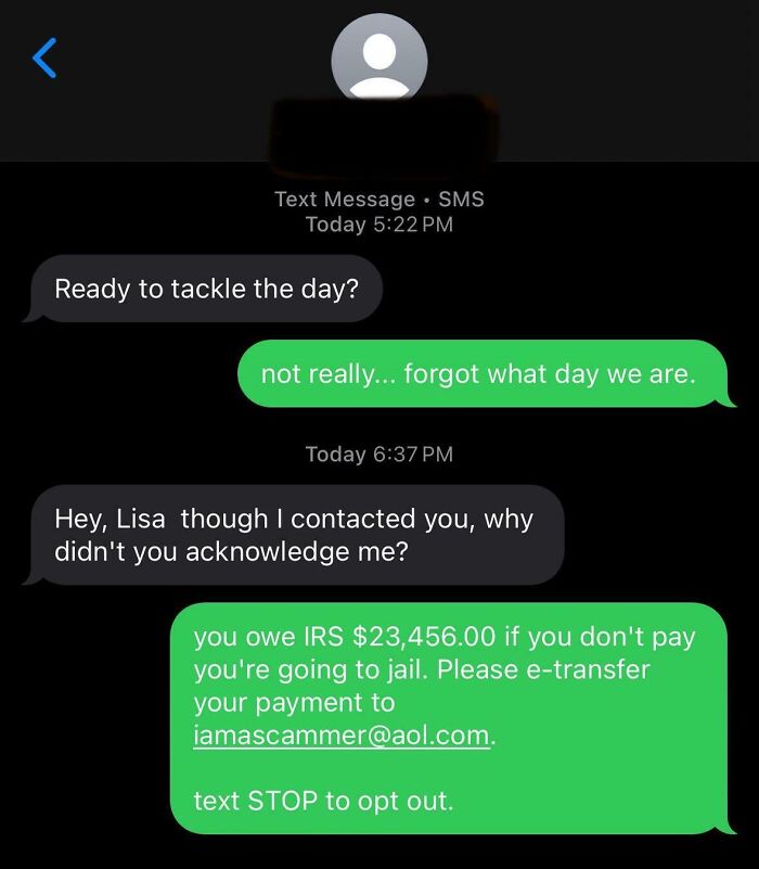 Text exchange with funny scammer responses demanding money for IRS payment.