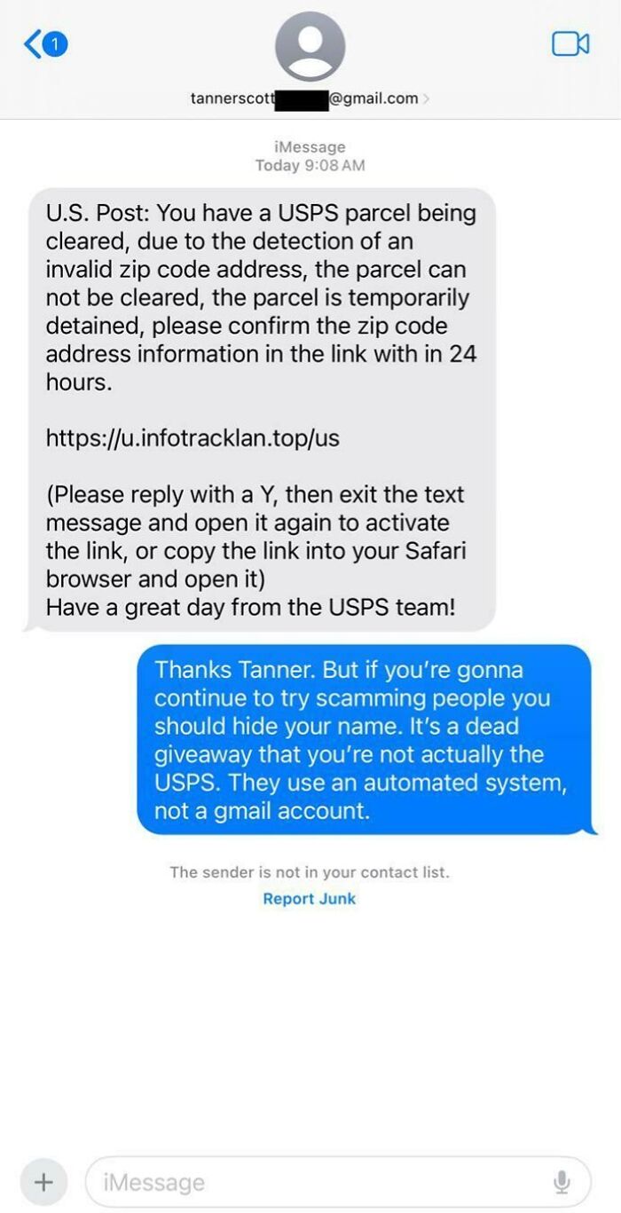 Funny scammer response to a fake USPS parcel message, highlighting obvious scam details.
