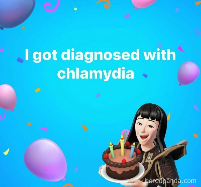 Person shares a social media blooper holding a cake, with confetti and balloons in the background.