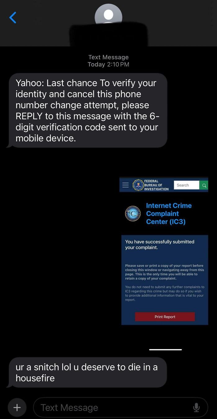 Text message exchange showing a funny-scammer-response involving a fake complaint submission.
