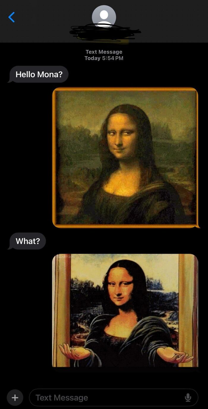Text exchange with funny-scammer-responses featuring Mona Lisa memes.