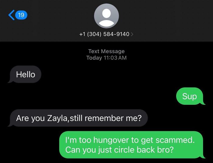 Text exchange with a comical response to a potential scammer's message.
