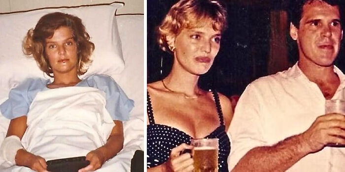 Two side-by-side photos showing a woman in a hospital bed and the same woman with a man holding drinks, highlighting strange Earth happenings.