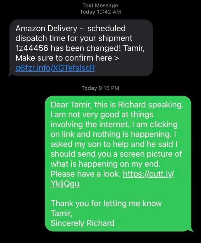 Humorous text exchange showing a funny scammer response.