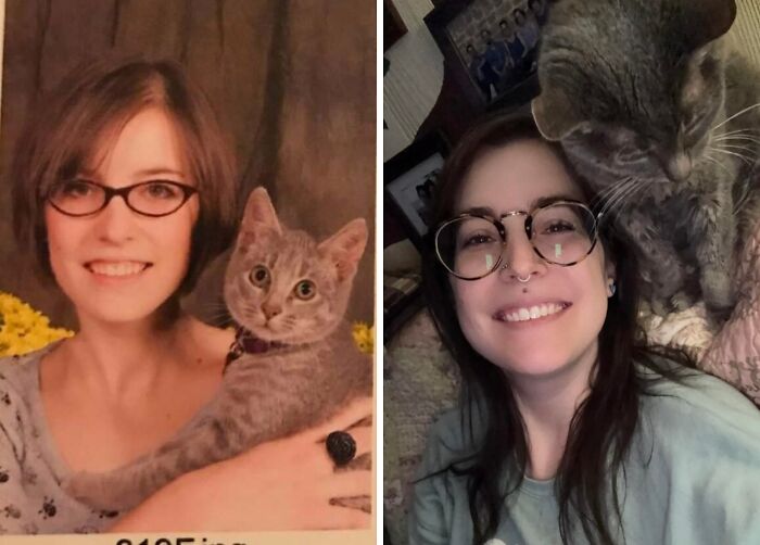 Woman recreates past photo with cat, both wearing glasses, smiling in a spot-on then-and-now comparison.
