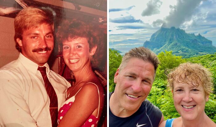 Two couples recreating past photographs with remarkable similarity in poses and expressions.