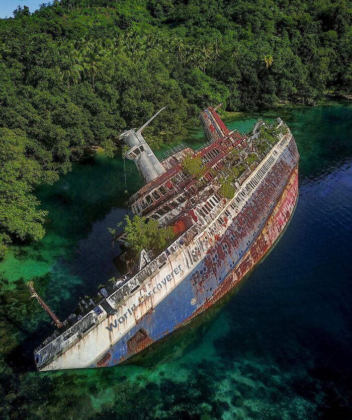 Overgrown shipwreck in clear waters, showcasing nature reclaiming civilization.