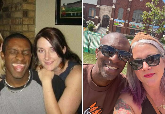 People recreating a past photo, smiling together in both images, with noticeable joy and closeness.