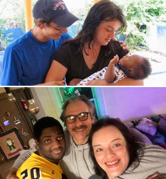 People recreating past photograph, showing then and now with a couple and child, smiling in both images.