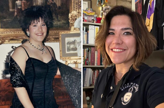 Woman recreating a past photograph, side-by-side comparison showing her in a black dress and more casual attire.