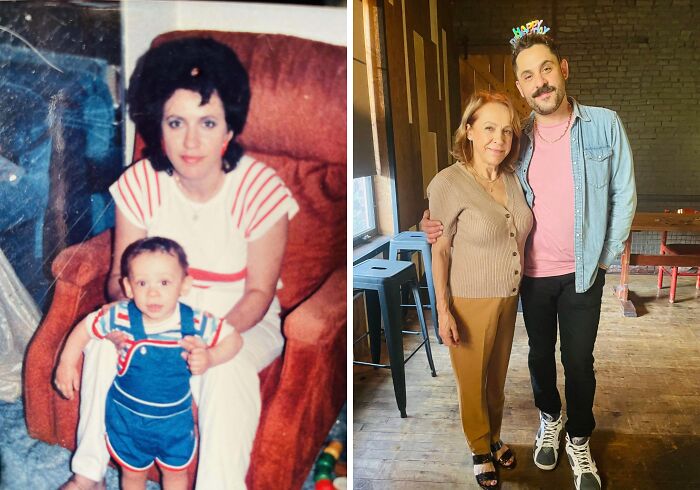 Mother and son recreate a past photograph, sitting together in both images, showing changes over time.