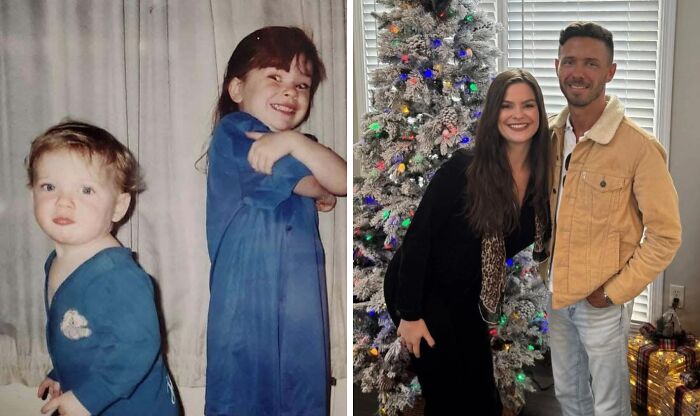 Two people recreating a childhood photograph, both wearing blue, standing by a Christmas tree.