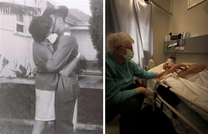 Elderly couple recreating a past photograph by holding hands in a hospital room, contrasting with their younger selves embracing.