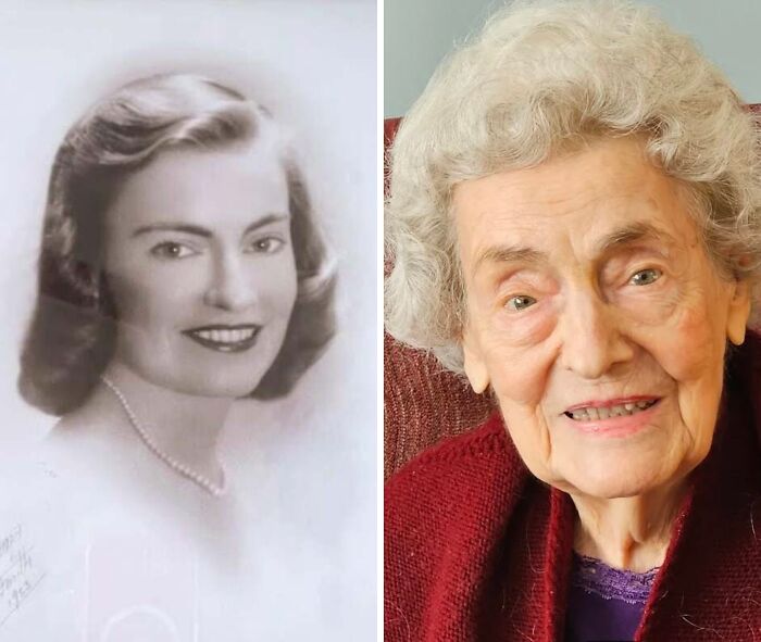 Elderly woman recreating past photograph, showing remarkable consistency over time.