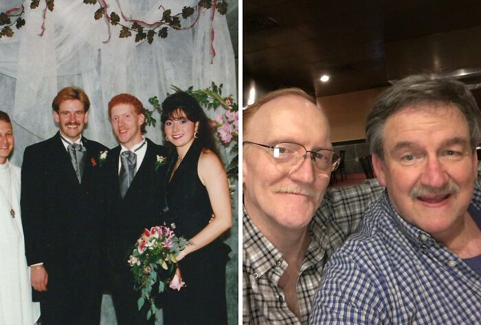 People recreating a past wedding photo, wearing similar outfits and smiling for a spot-on then and now comparison.