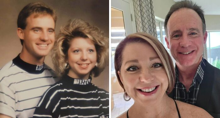 Couple recreating past photo with matching striped shirts, showcasing spot-on similarities then and now.