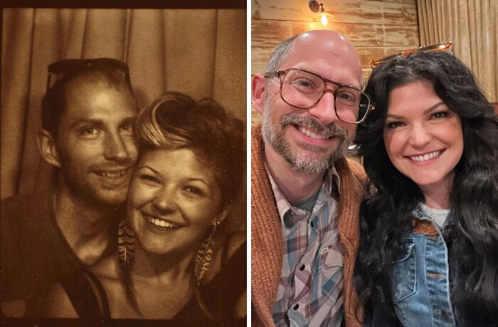 Couple recreating a photo from their past, smiling together in two images side by side.