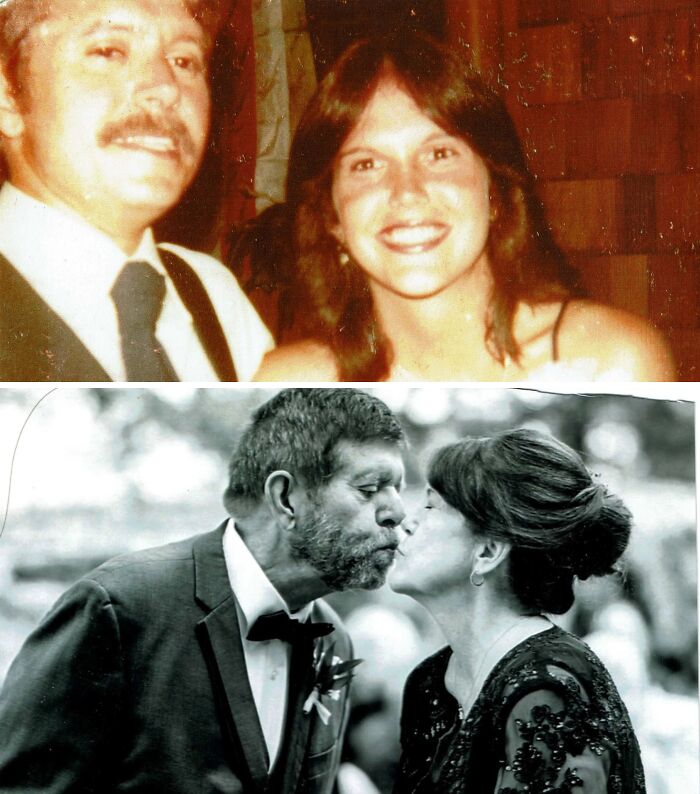 Two couples recreate a nostalgic photo, kissing in similar poses, showcasing the passage of time and emotional connection.