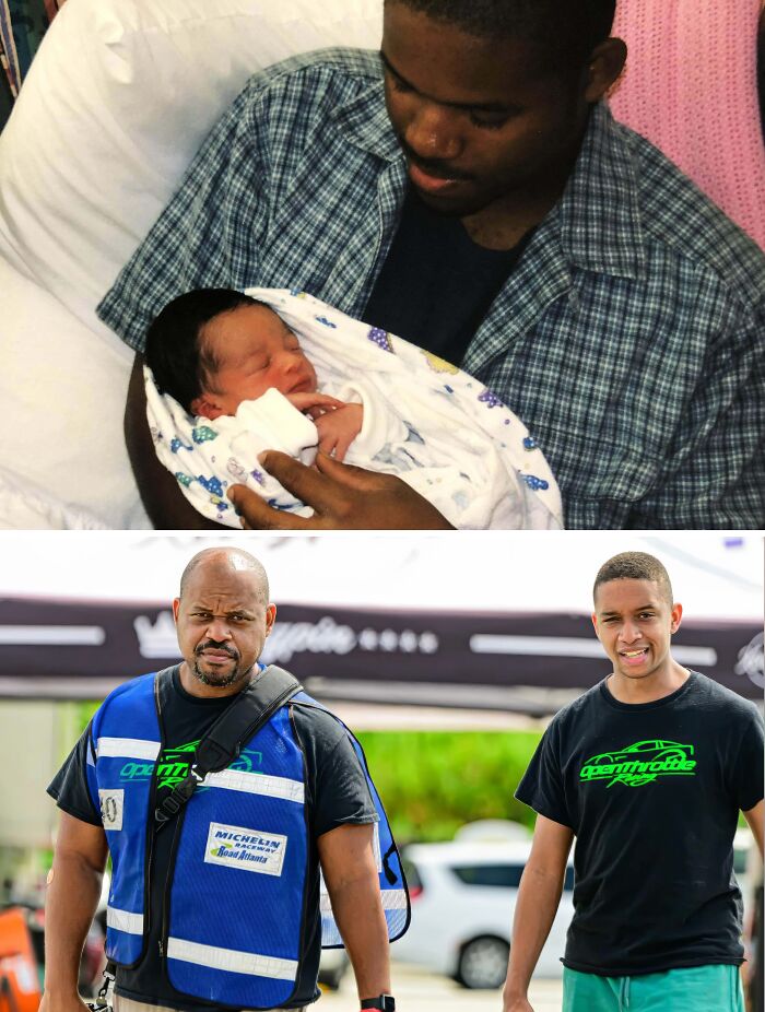 Father and son recreate past photo, showcasing their growth over time.